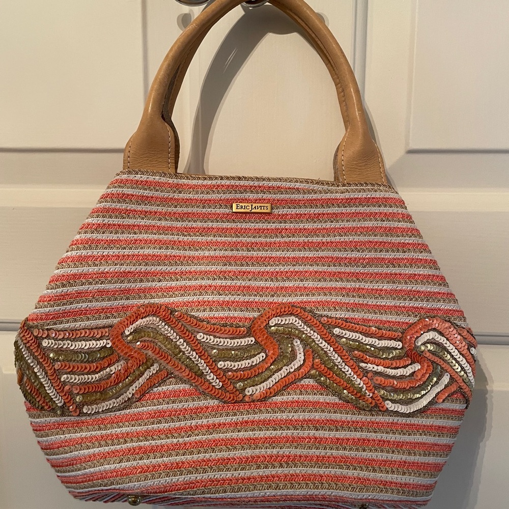 Eric Javitz Coral/beige Raffia Beaded Satchel handbag leather handles Rare Color